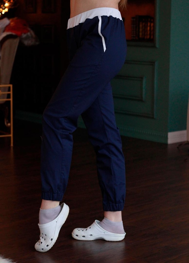 Медицинские брюки женские синие с белым поясом IvaMed №2