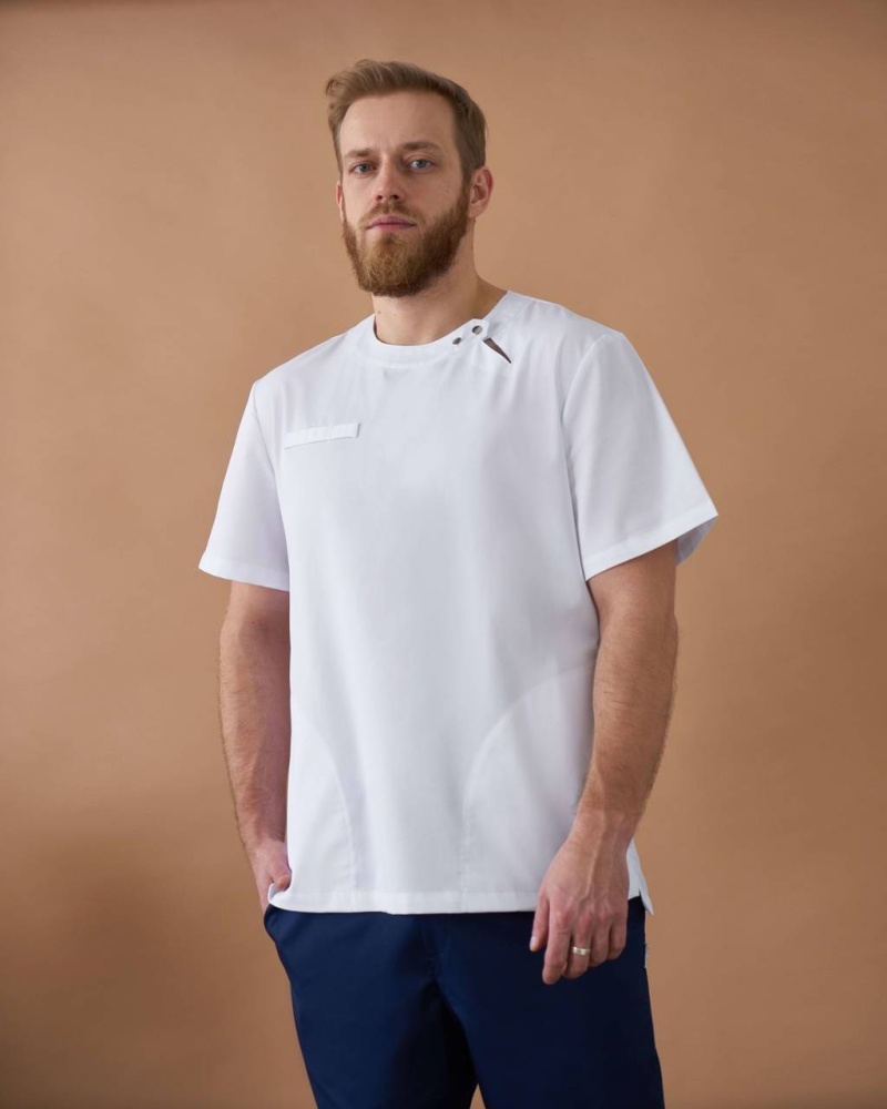 Медицинская блуза мужская, белого цвета, Karamel km201