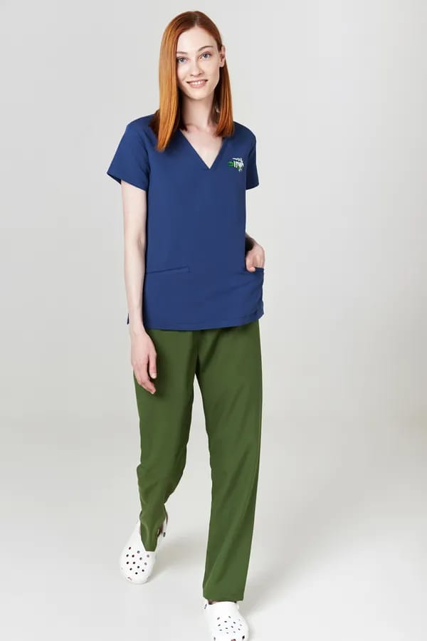 Медицинская куртка женская темно - синяя с принтом DOC'S DR1-230-30 